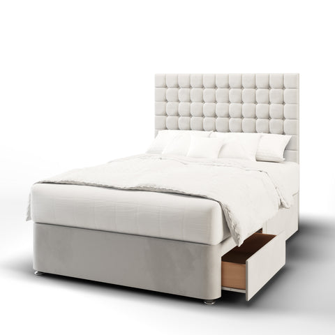 Harriett Small Cubic Buttoned Fabric Upholstered Tall Headboard with Divan Bed Base & Mattress Options-Divan Bed-Chic Concept