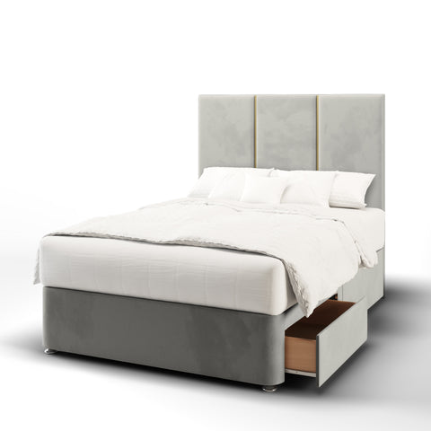 York Three Panel Metal Gold Strip Tall Headboard Divan Base Storage Bed & Mattress Options-Divan Bed-Chic Concept